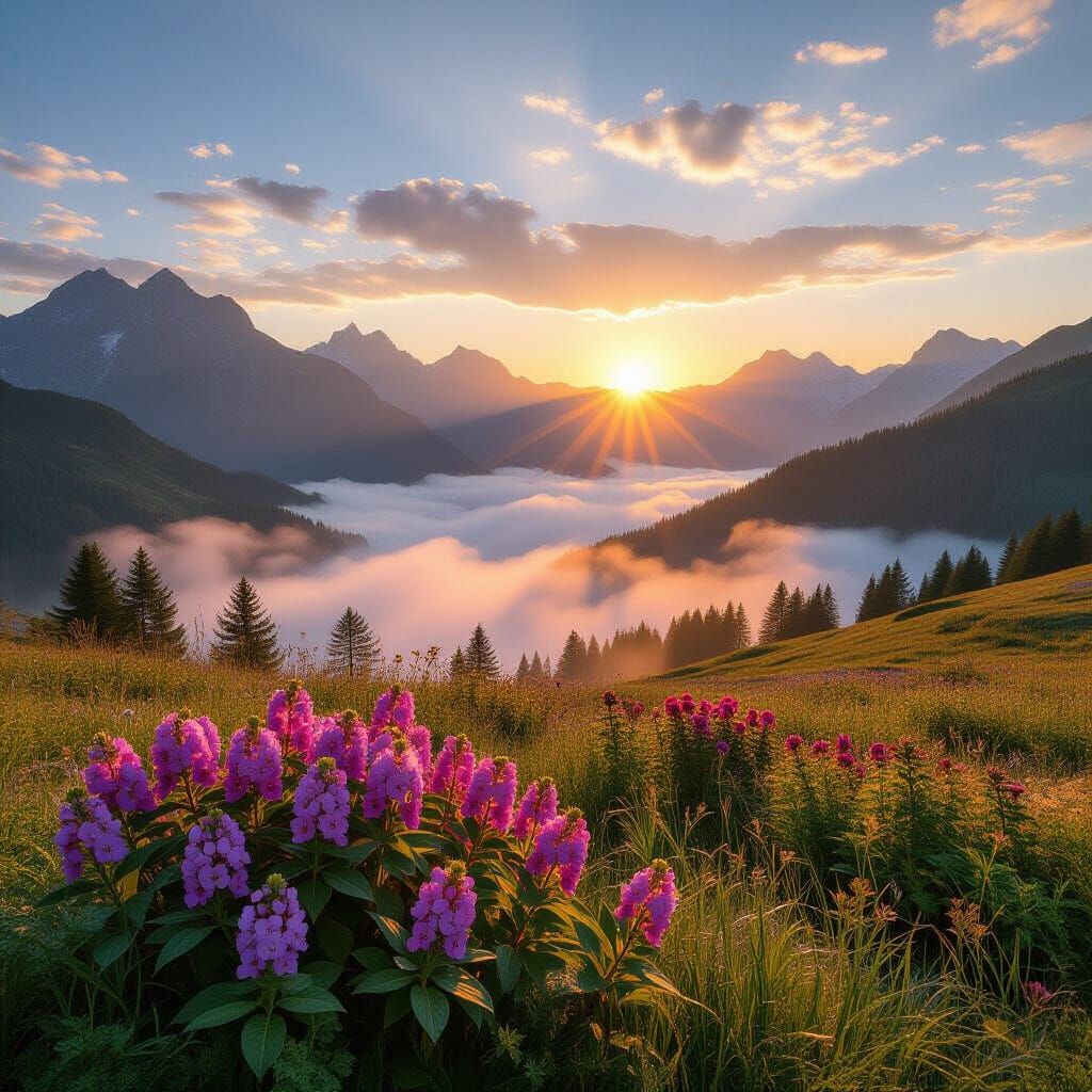 Fantastical Sunrise Over Misty Flower Mountains