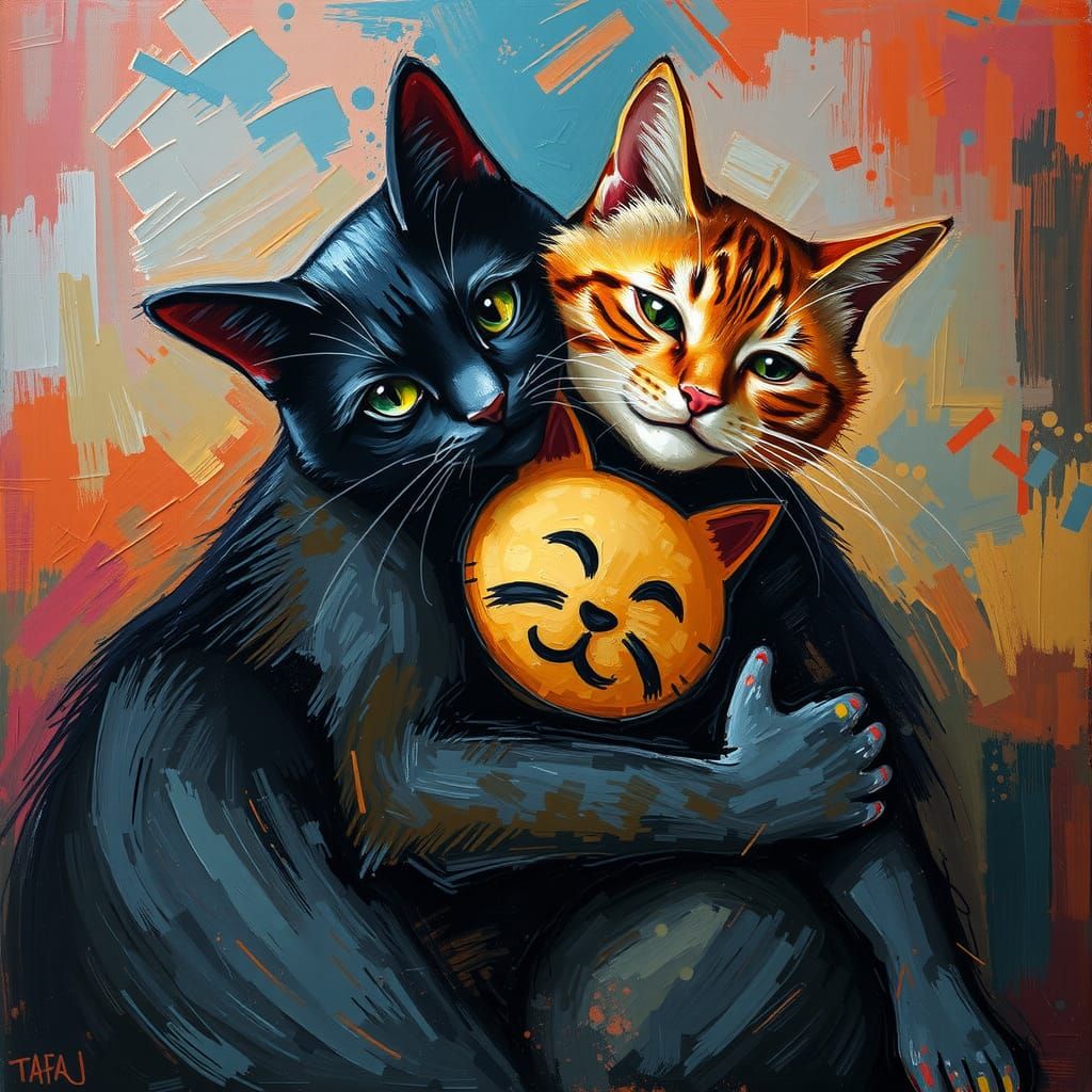 Affectionate Cats Embrace in Post-Impressionistic Style