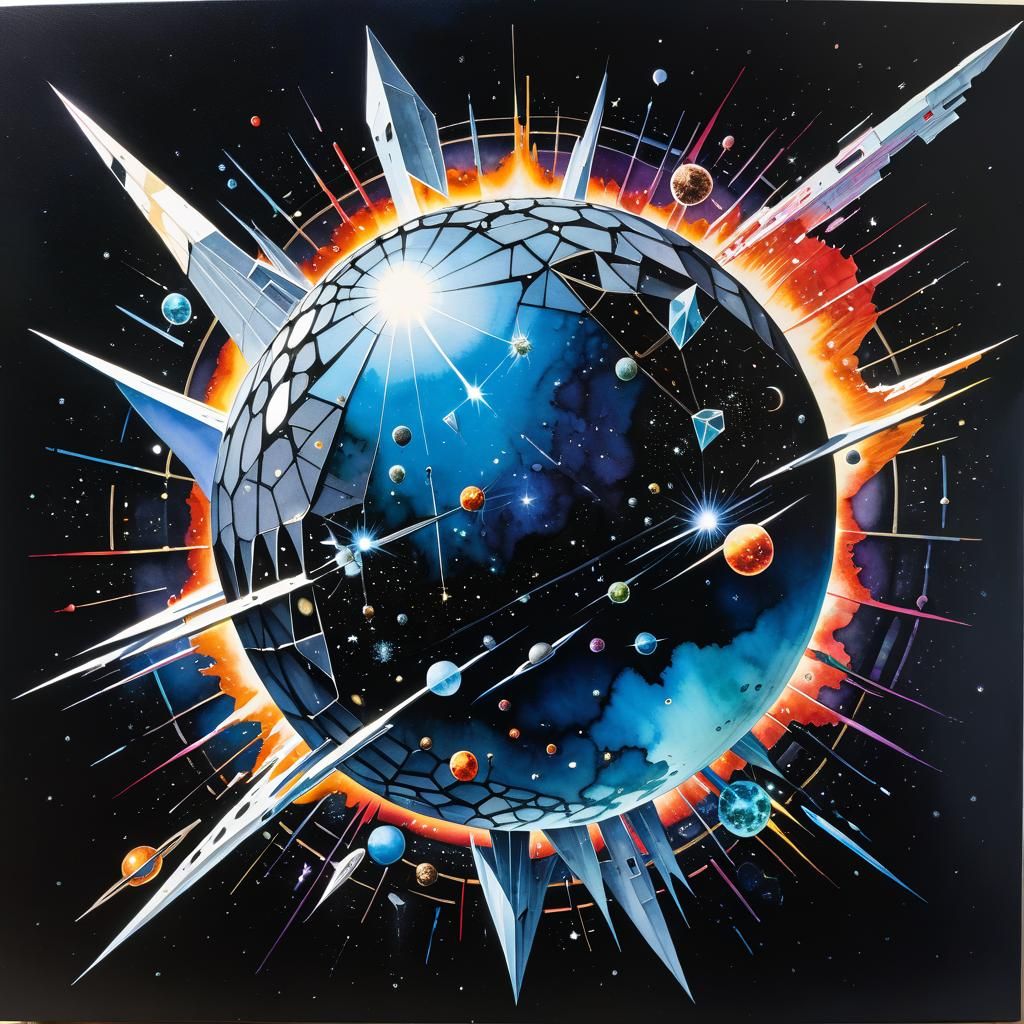 Hyperdetailed Watercolor Shattered Cosmos in Retrofuturist S...