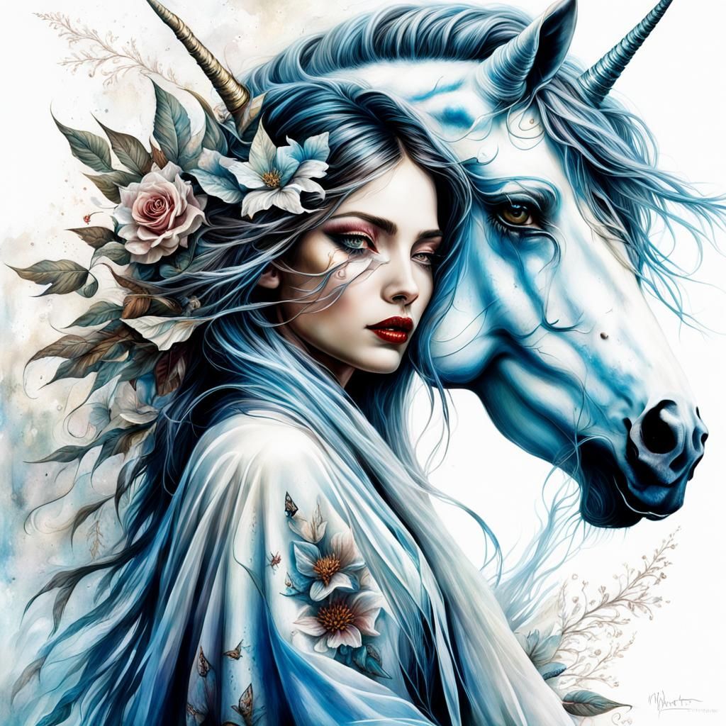 Girl and Unicorn Portrait in Dreamlike Grunge Style
