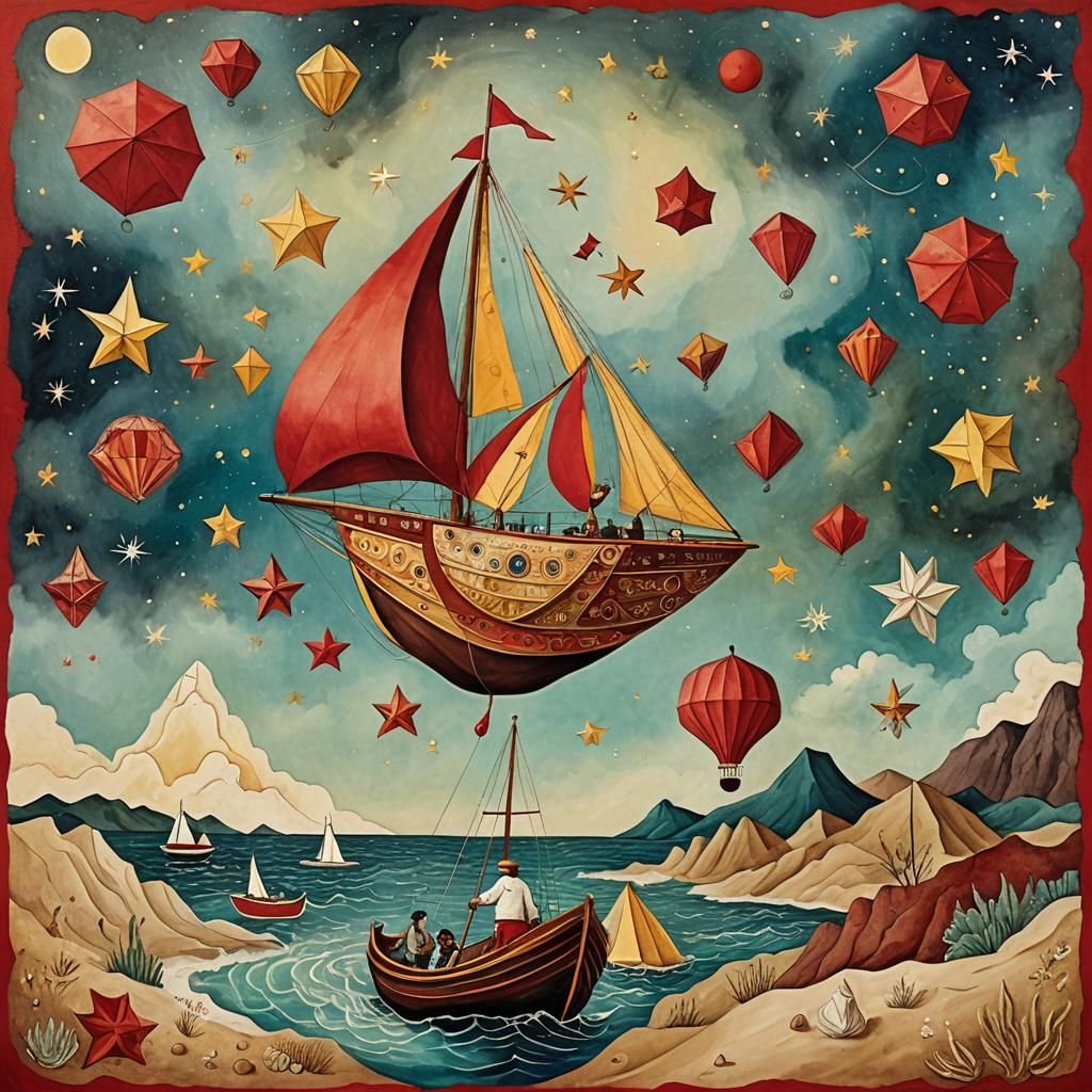 Boy Sailing Sky-Boat with Stars in Surreal Folk Art
