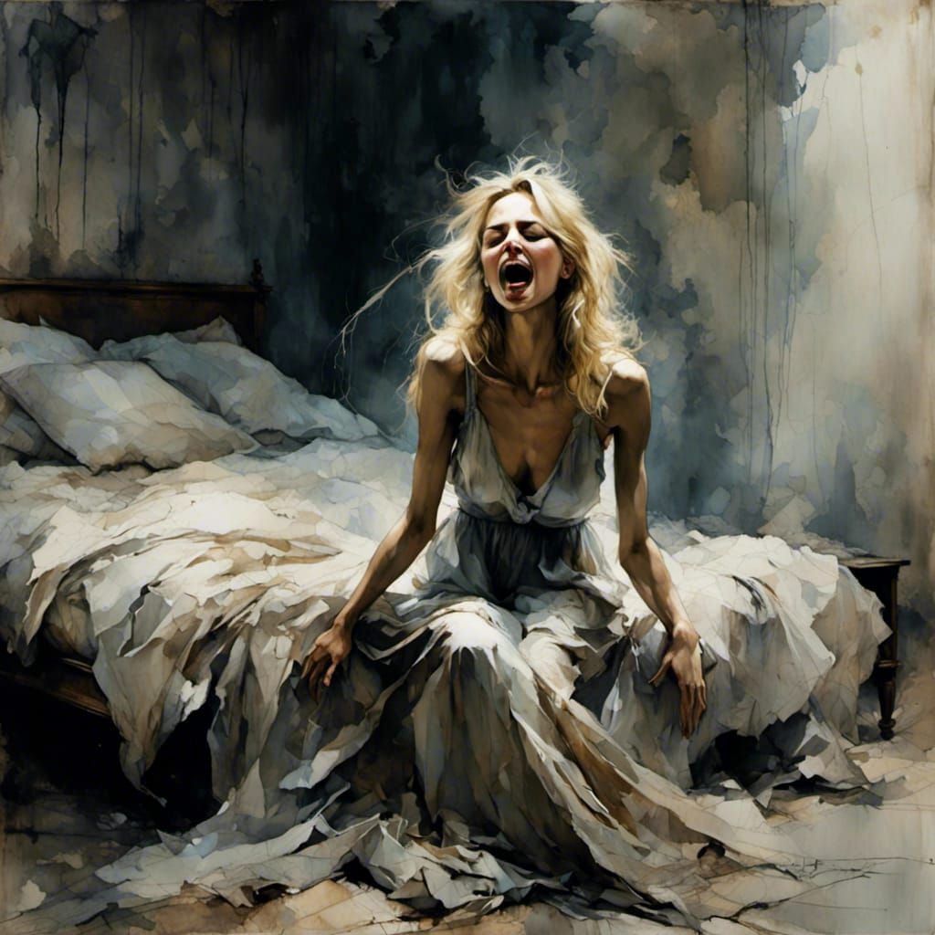 Distressed Blonde in Darkly Lit Bedroom