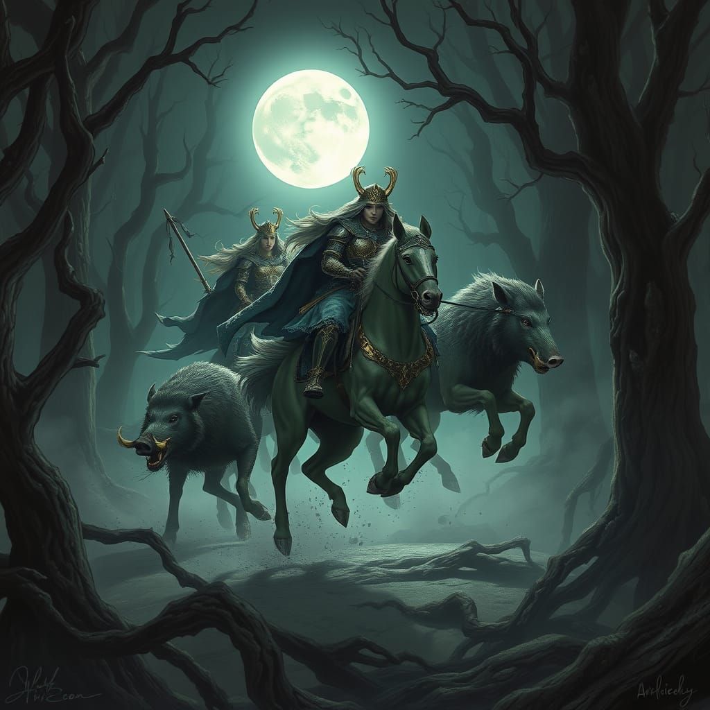 Valkyries Ride Wolves and Boars Through Mystical Forest in D...