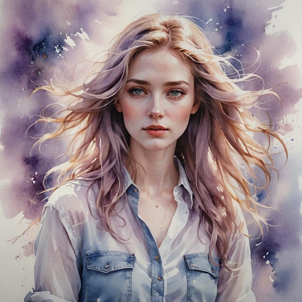 Ethereal Watercolour of Woman in Twilight Meadow