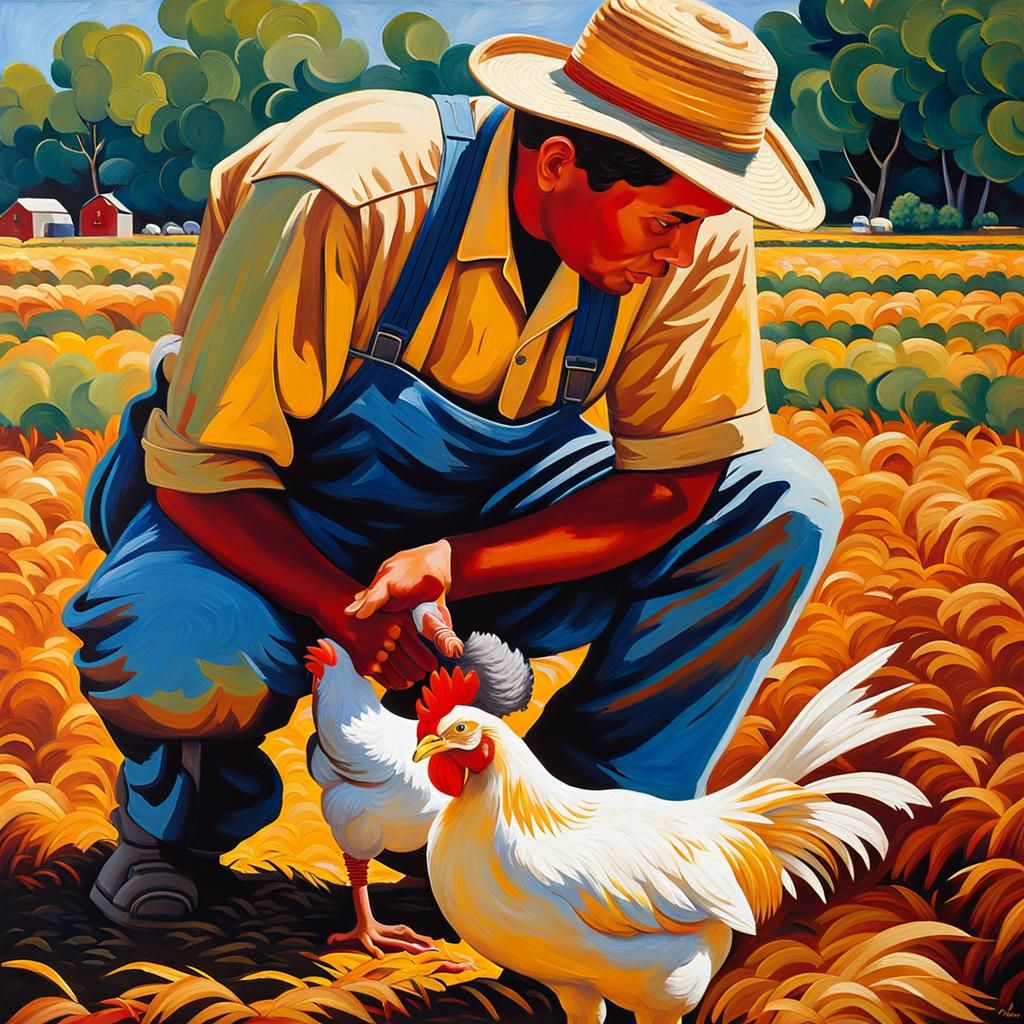 Farmworker and Sick Chicken in Impasto Style