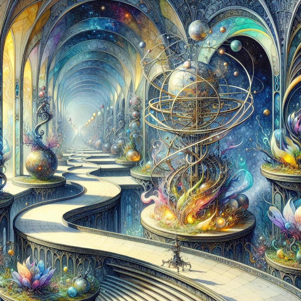Enchanted Courtyard with Orrery in High Fantasy Style