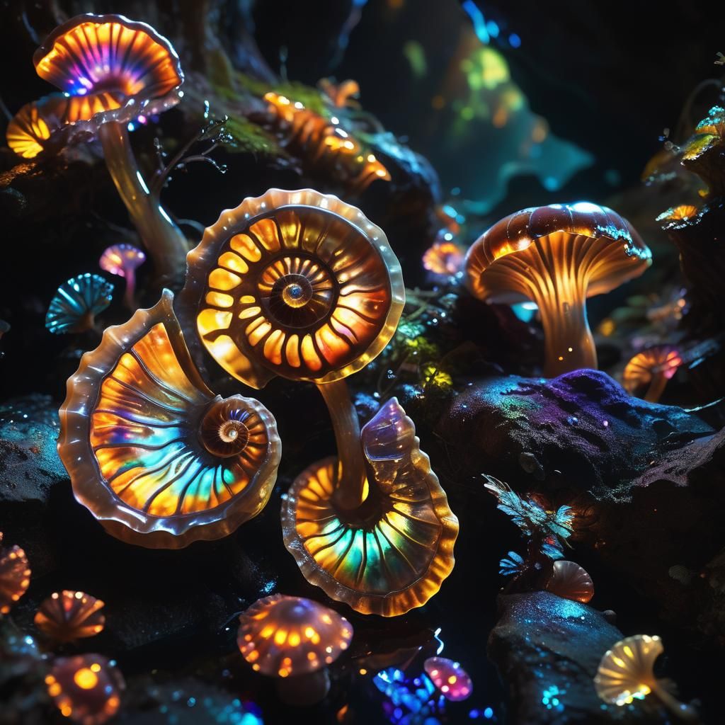 Bioluminescent Cavern: Crystalline Ammonite Butterflies