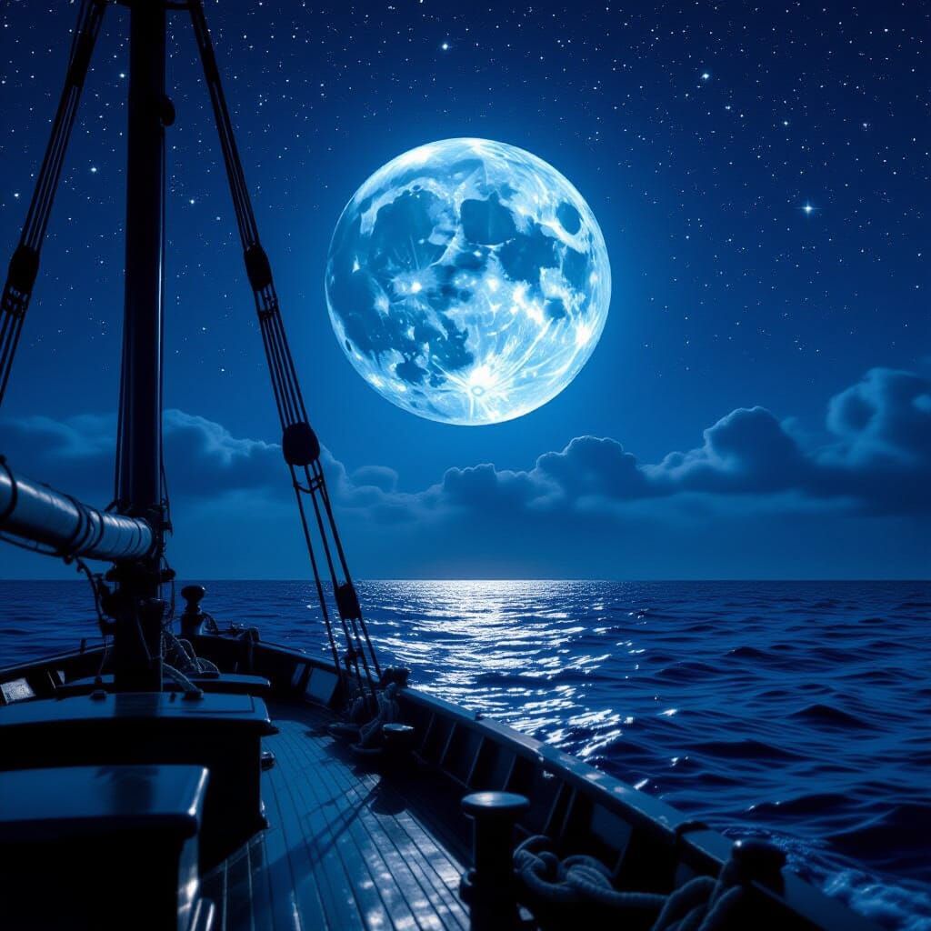 Luminous Blue Moon Over Ocean From Ship