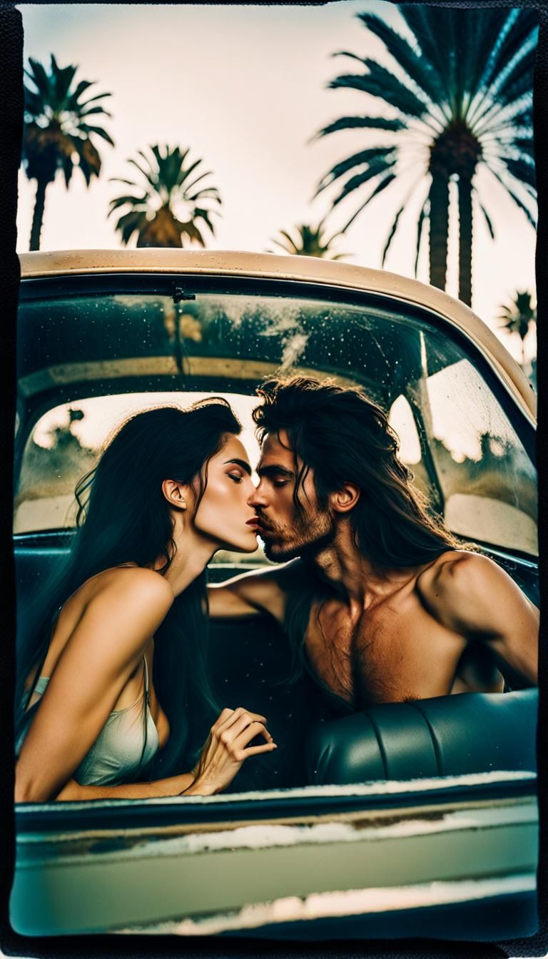 Kissing Couple in Vintage Car, Polaroid Style