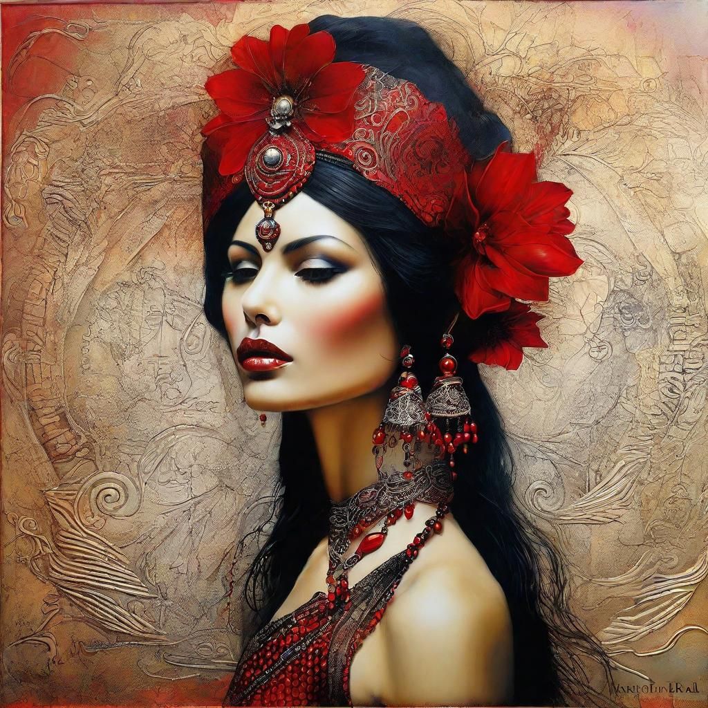 Exotic Woman in Red: Oil and Alcohol-Ink Portrait