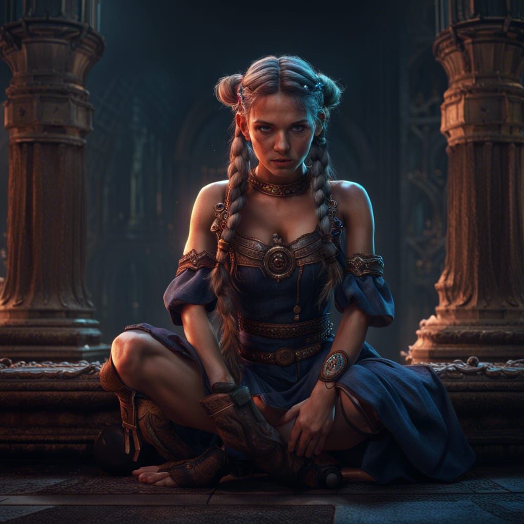 Kneeling Woman with Pigtails in Detailed Matte Painting