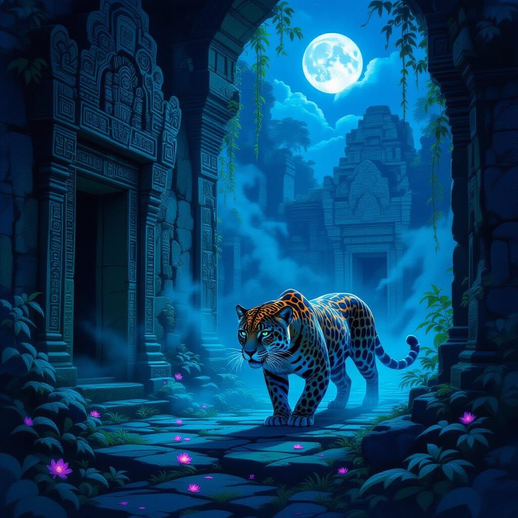 Bioluminescent Jaguar in Overgrown Temple: Neo-Impressionism