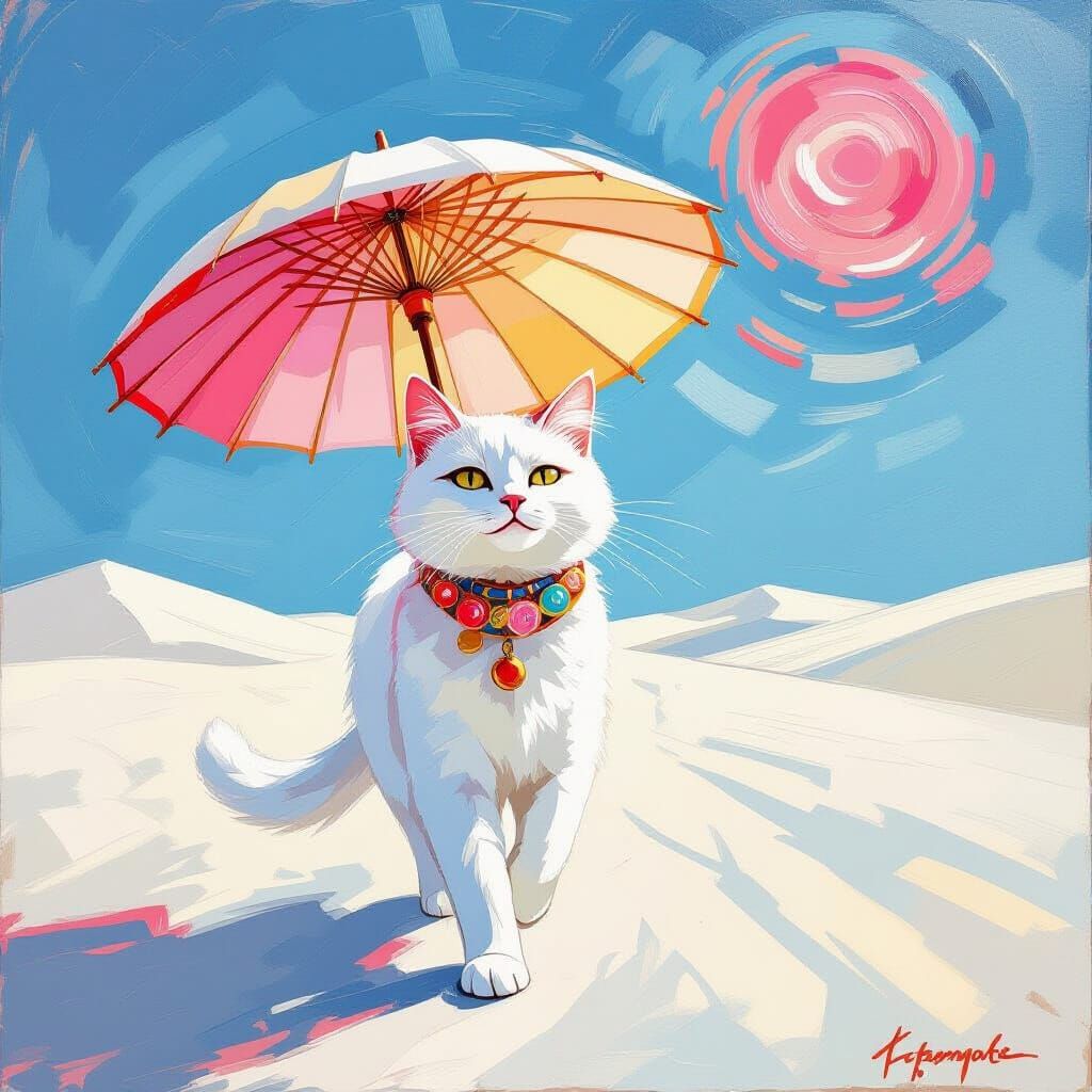 White Cat with Parasol in Fauvist Style