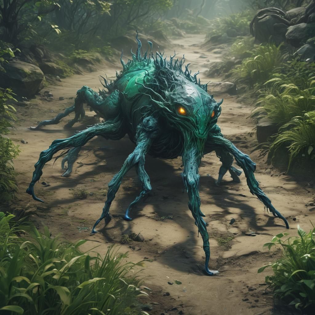 Ink Creature Emerges in Lush Landscape: Fantasy Art