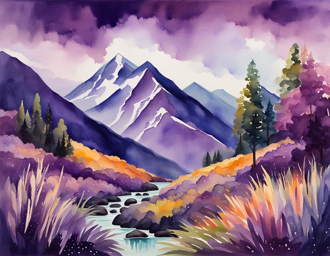 Purple Mountains and Waterfall in Gouache Style