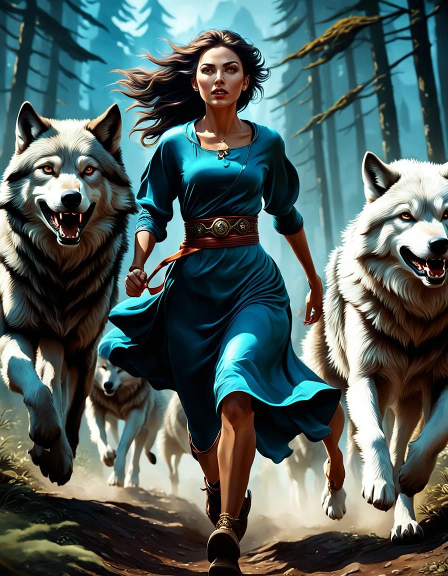 Gorgeous woman running with the wolves, joyful and emotional.