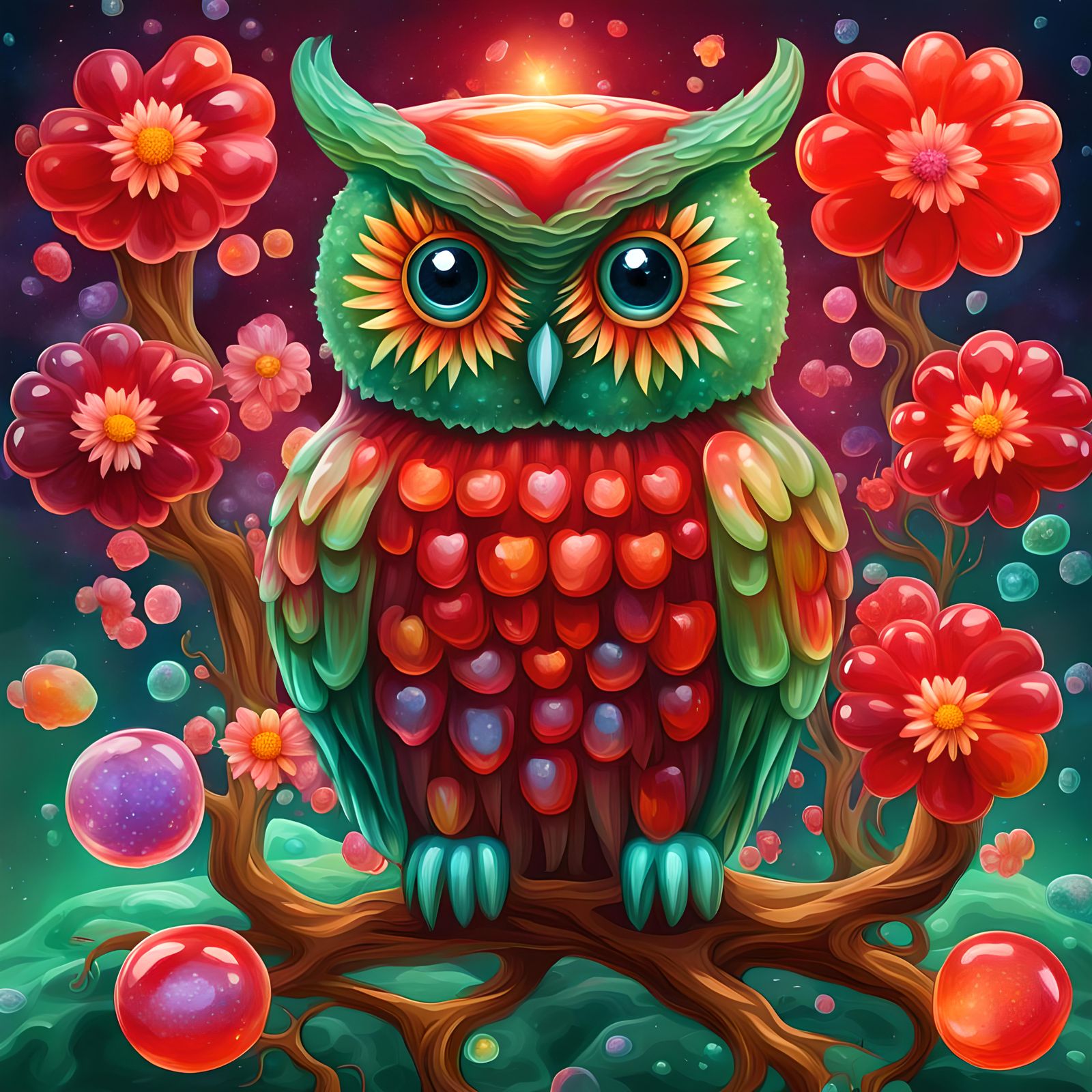 Red Jelly Owl in a Cosmic Garden