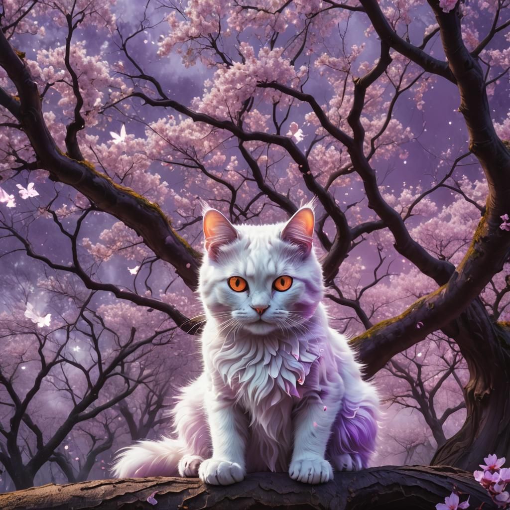 Ghost Cat Under Cherry Blossoms with Neon Aura