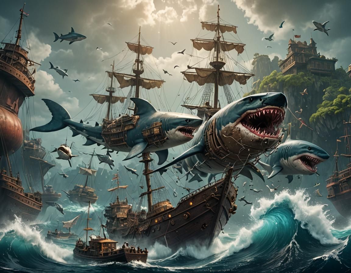 Giant Shark and Ships in Detailed Matte Painting