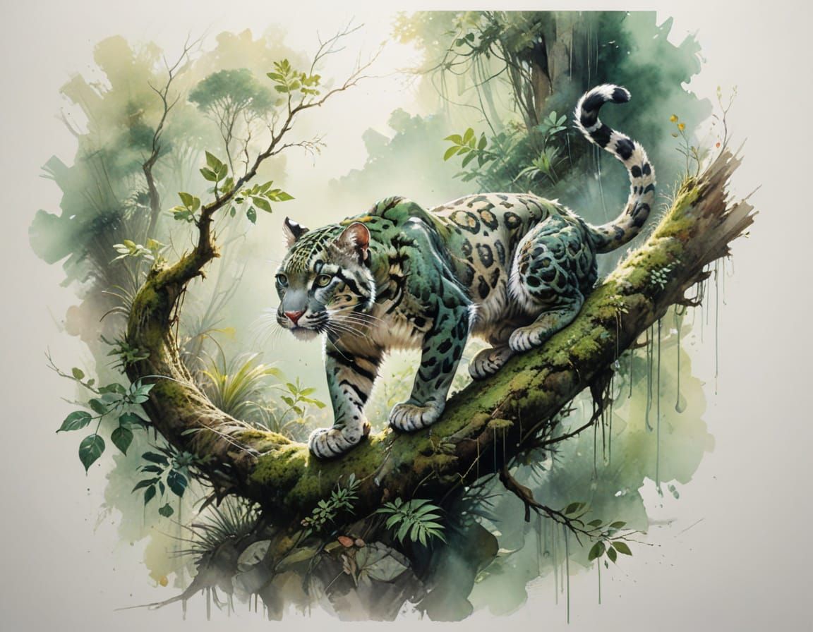 Clouded Leopard on Mossy Branch Above River Canyon