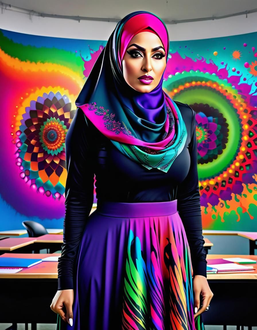 Angry Hijabi Teacher in Psychedelic Art Style