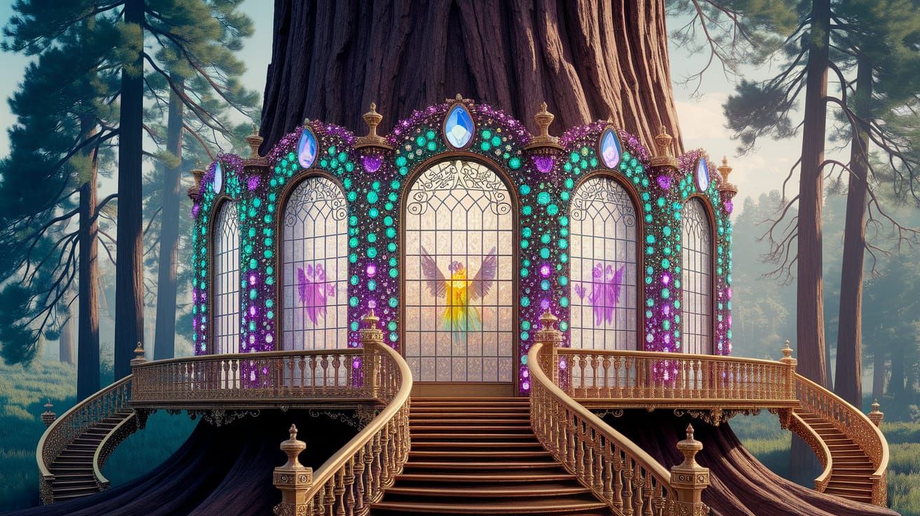 Enchanted Redwood Treehouse with Angelic Windows in Vibrant ...