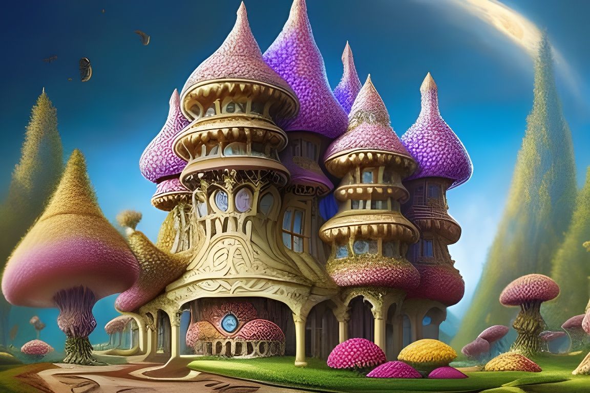 Pink Mushroom Mansion in Fairytale Landscape