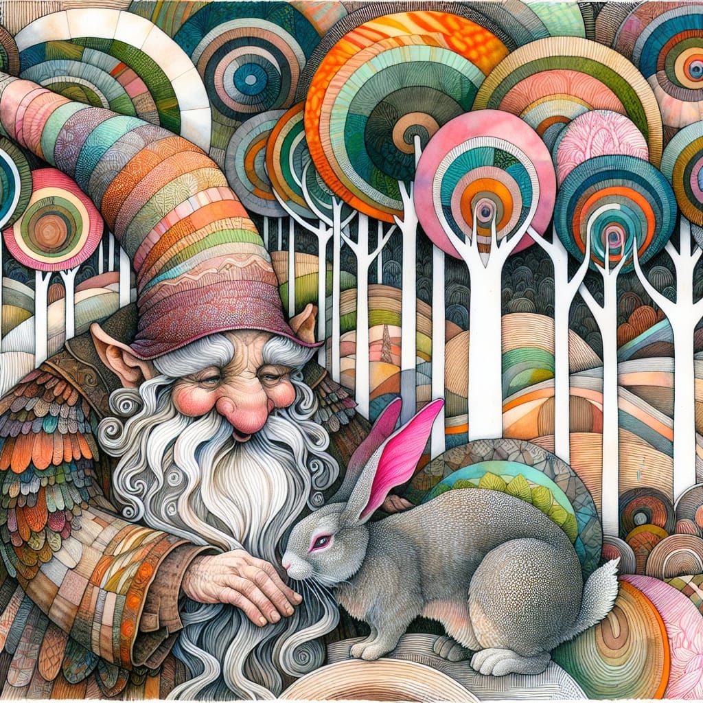 Gnome and Rabbit in Enchanted Forest, Gouache Art