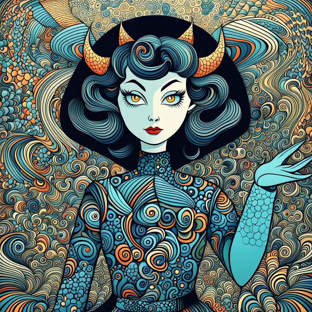 Cartoon She-Devil in Elevator: 1950s Comic Art