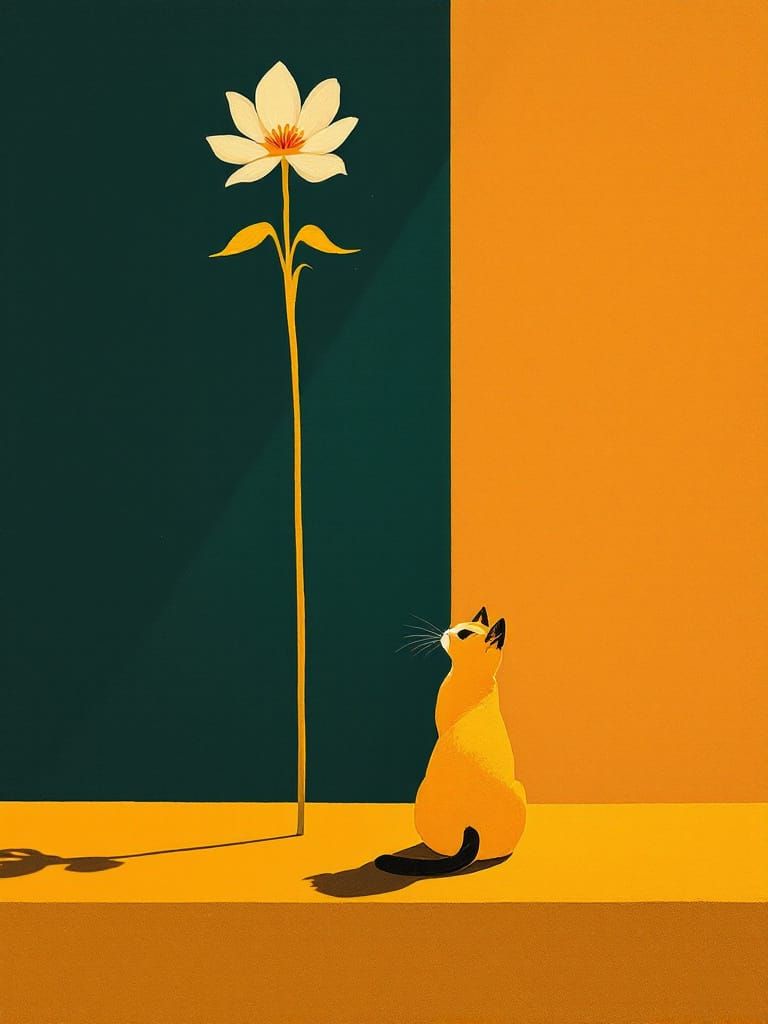 Adorable Cat in Amber Light, Modernist Style