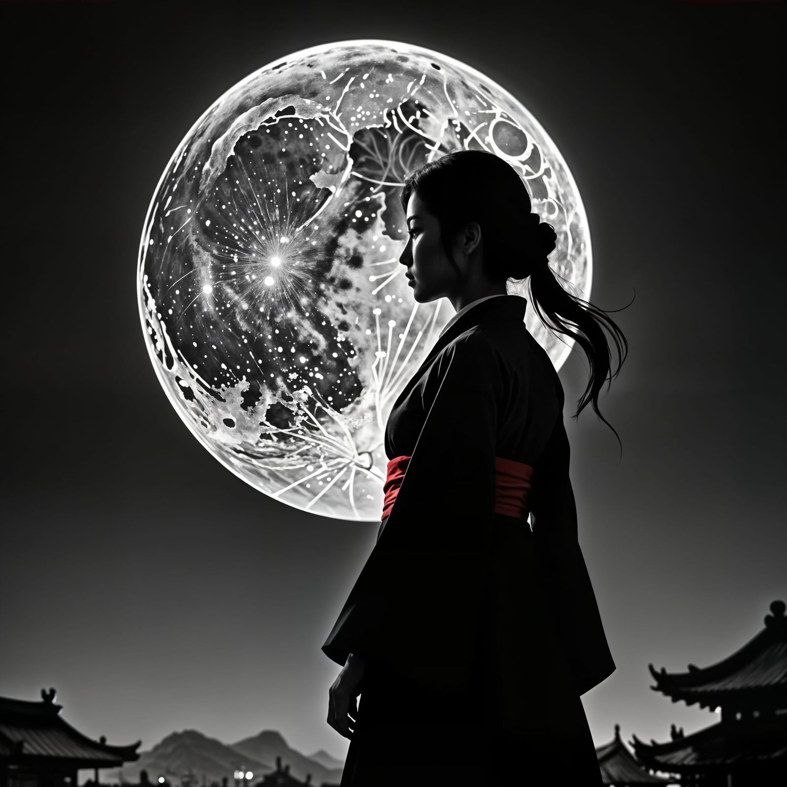 Minimalist Silhouette of Woman Under Moonlight