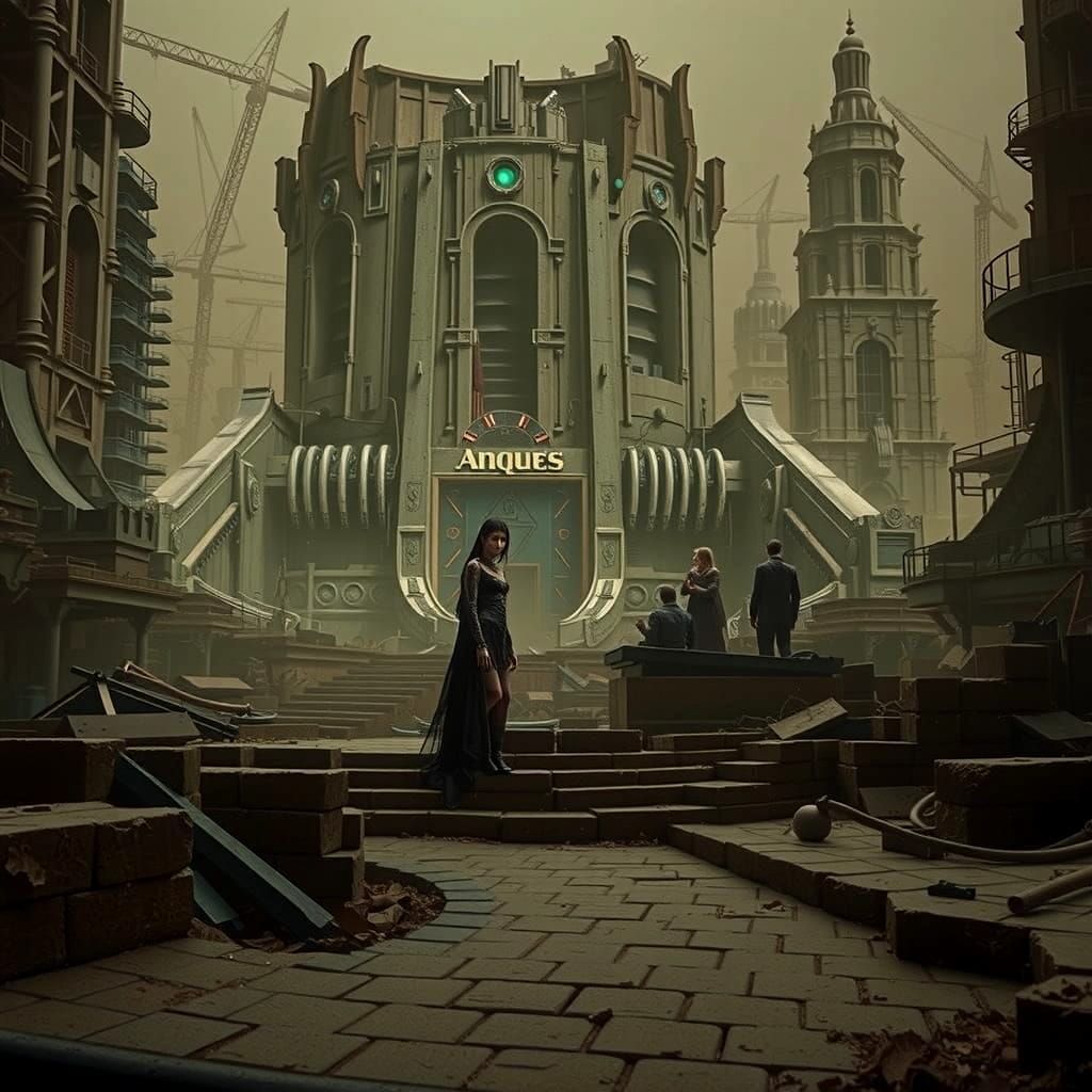 Goth Model in Ruined Cyberpunk City with Neon Glow