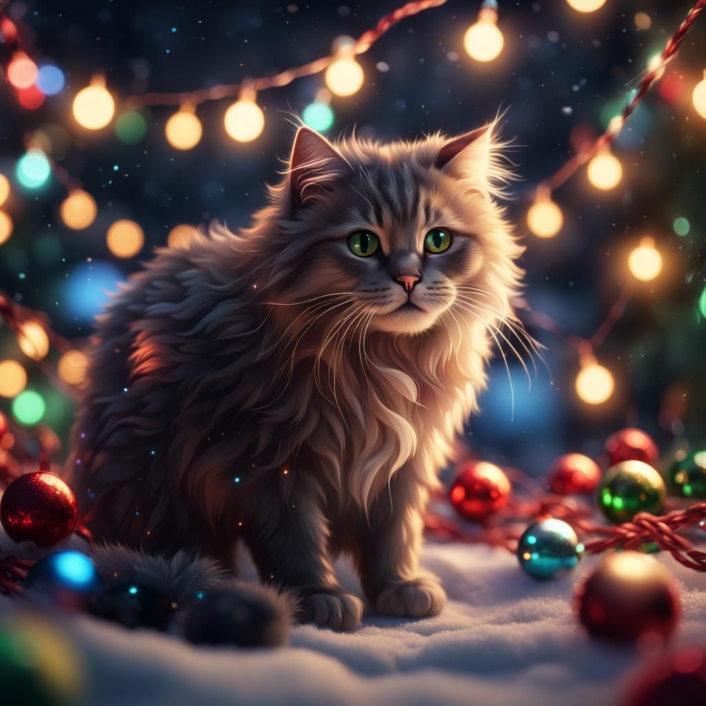 Fluffy Cat Amidst Christmas Lights: Detailed Matte Painting