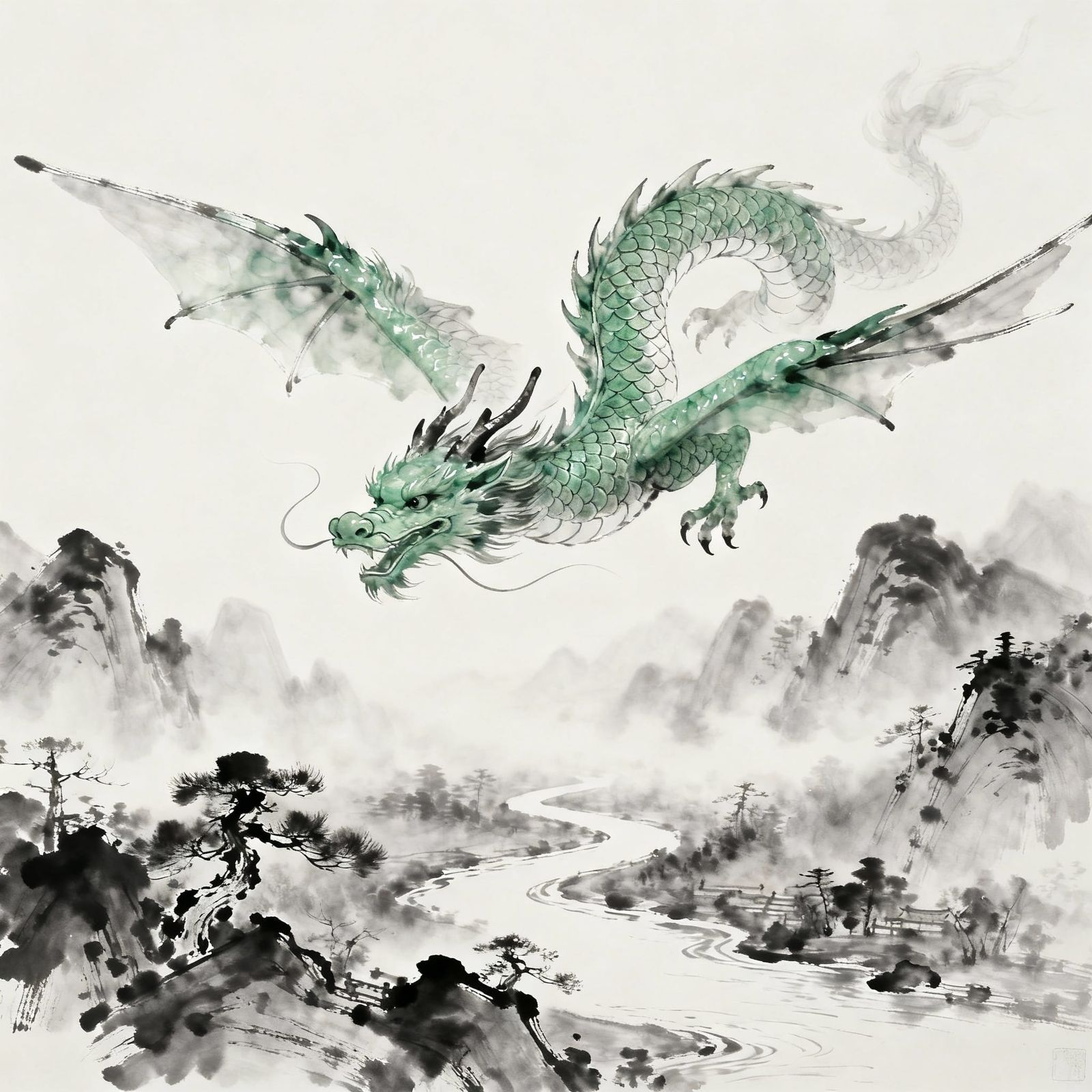 Jade Dragon Soars Over Ancient China Landscape