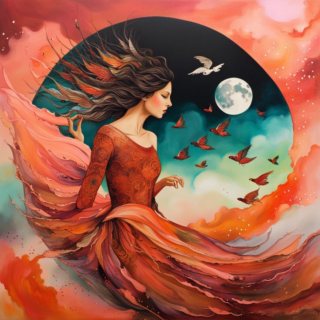 Pixies Fly as Armada Burns: Mixed Media Ink Art