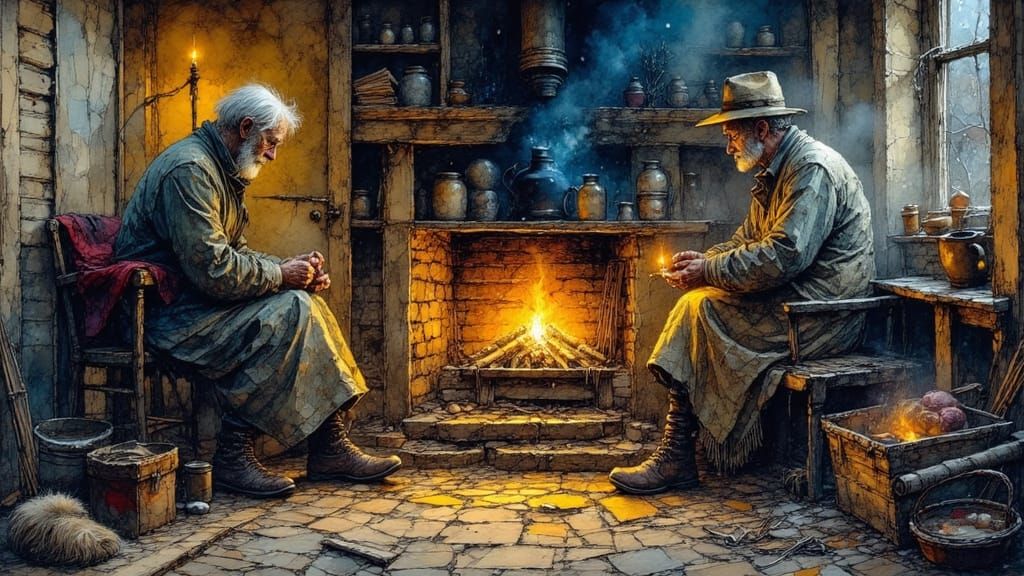 Elderly Couple by Firelight in Cozy Farmhouse