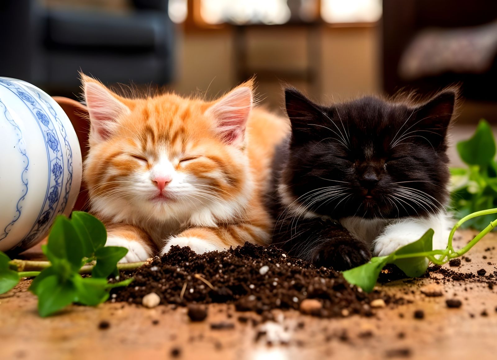Fluffy Kittens Sleep Peacefully in Sunny Living Room
