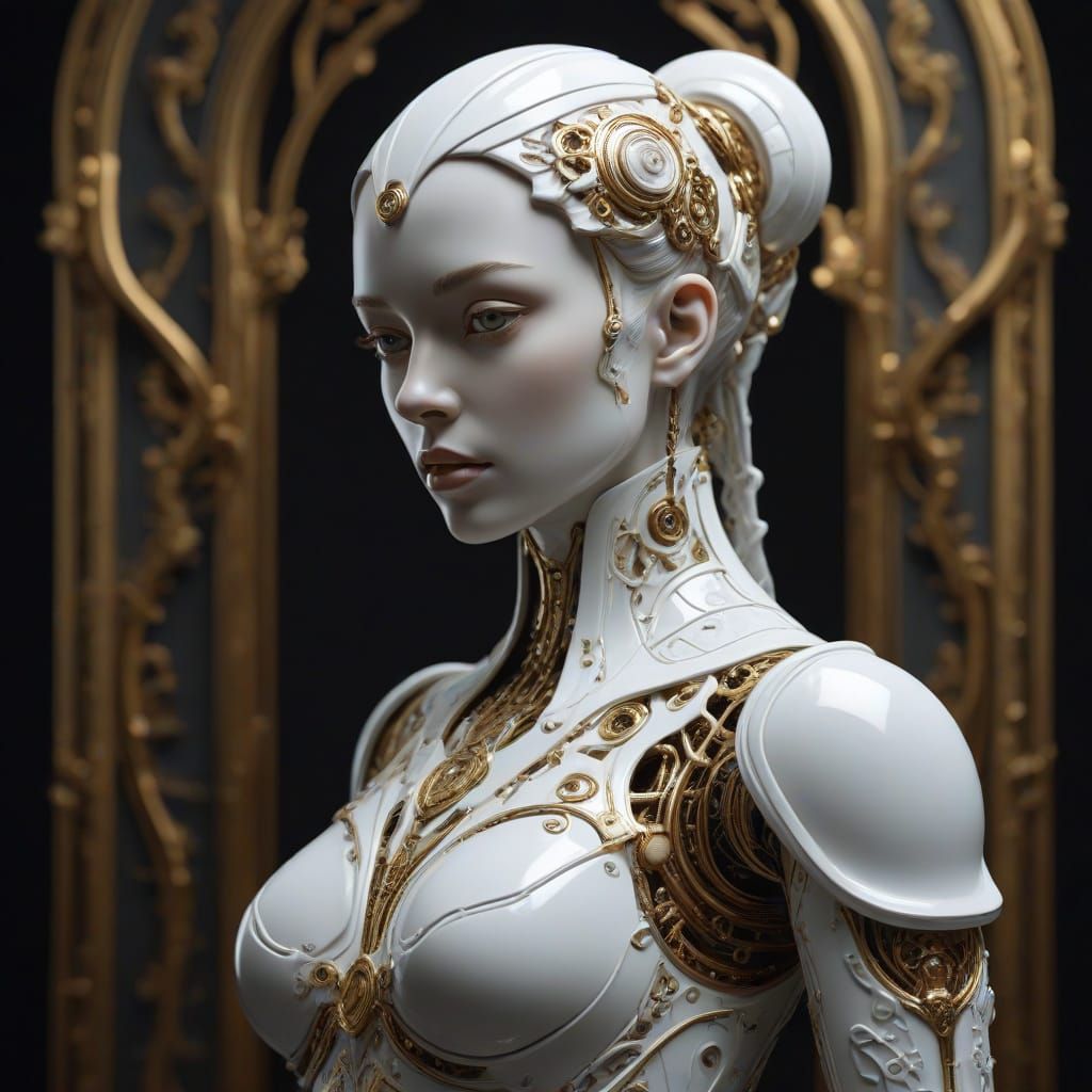 Rococo Biomech Goddess: Porcelain Android Sculpture