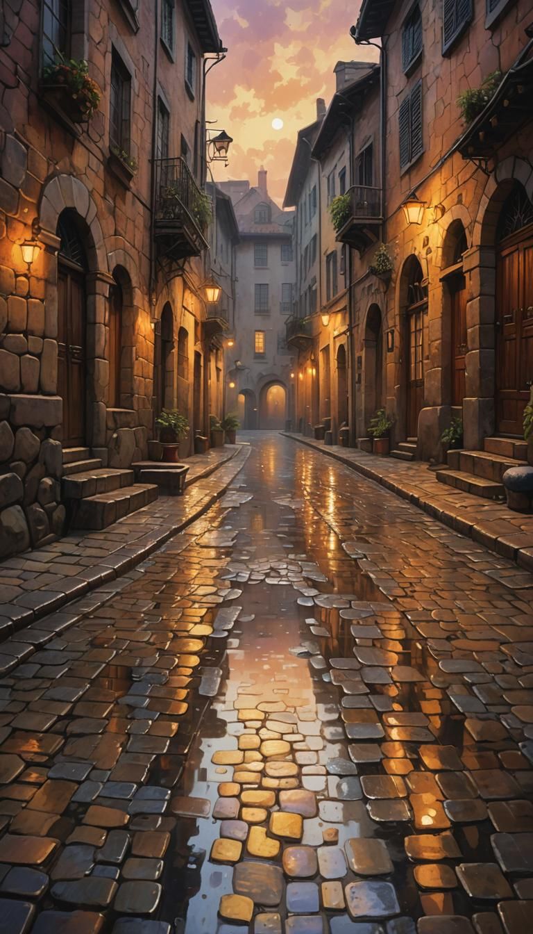 Ancient City Street at Dusk in Mixed Media Style