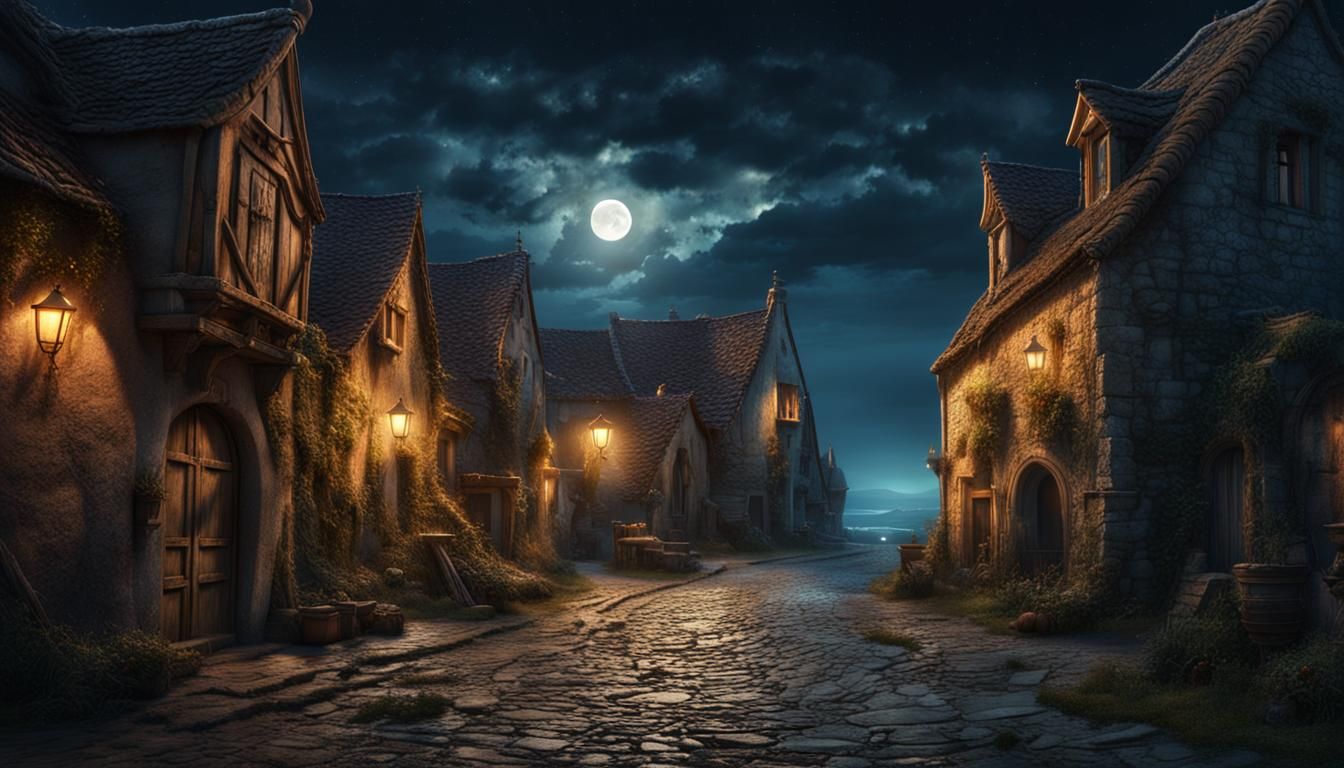 Medieval Coastal Town at Night: Digital Matte Painting