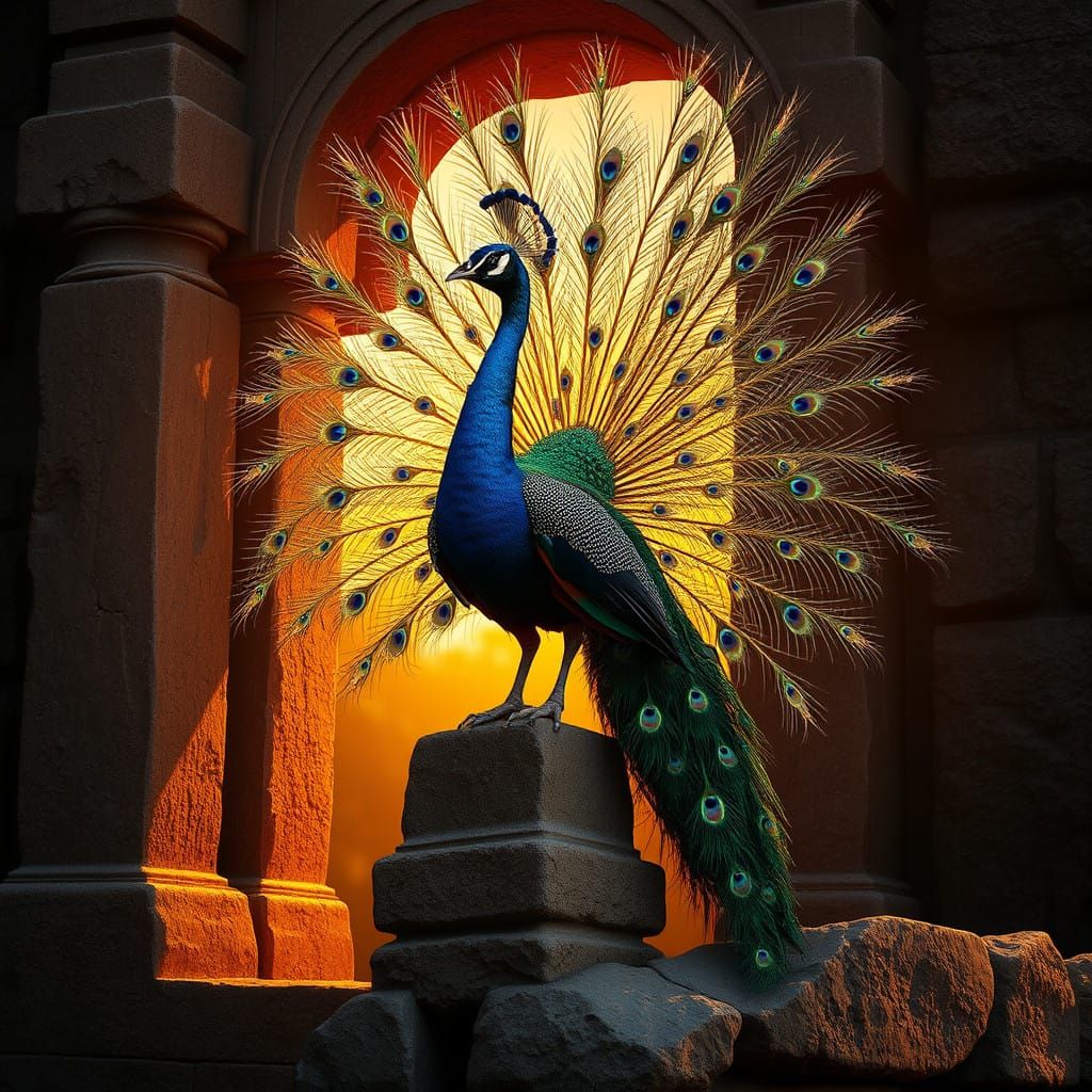 Majestic Peacock on Ancient Stonework Unfurls its Rainbow Pl...