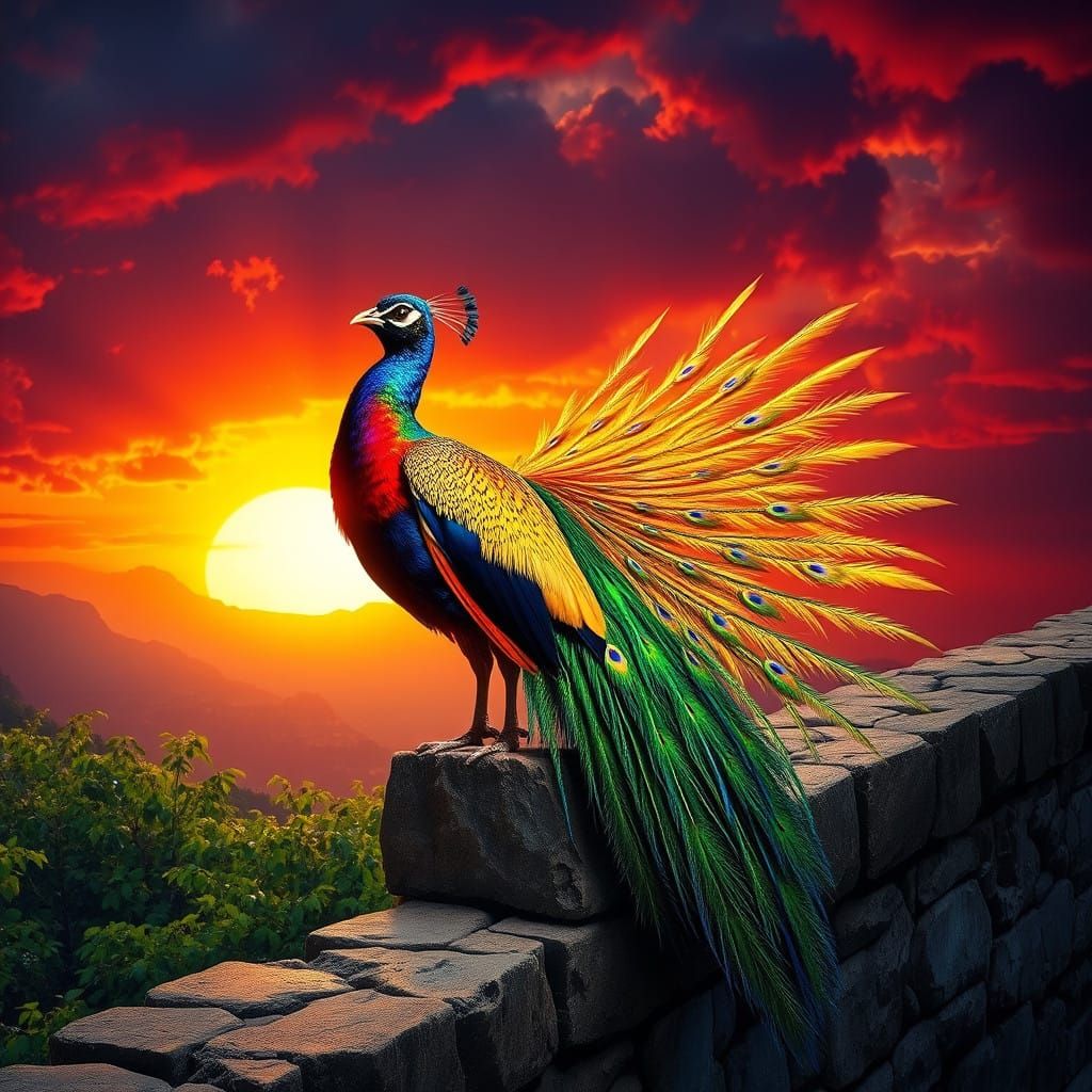 Vibrant Rainbow Peacock Perched on Ancient Stone Wall at Sun...
