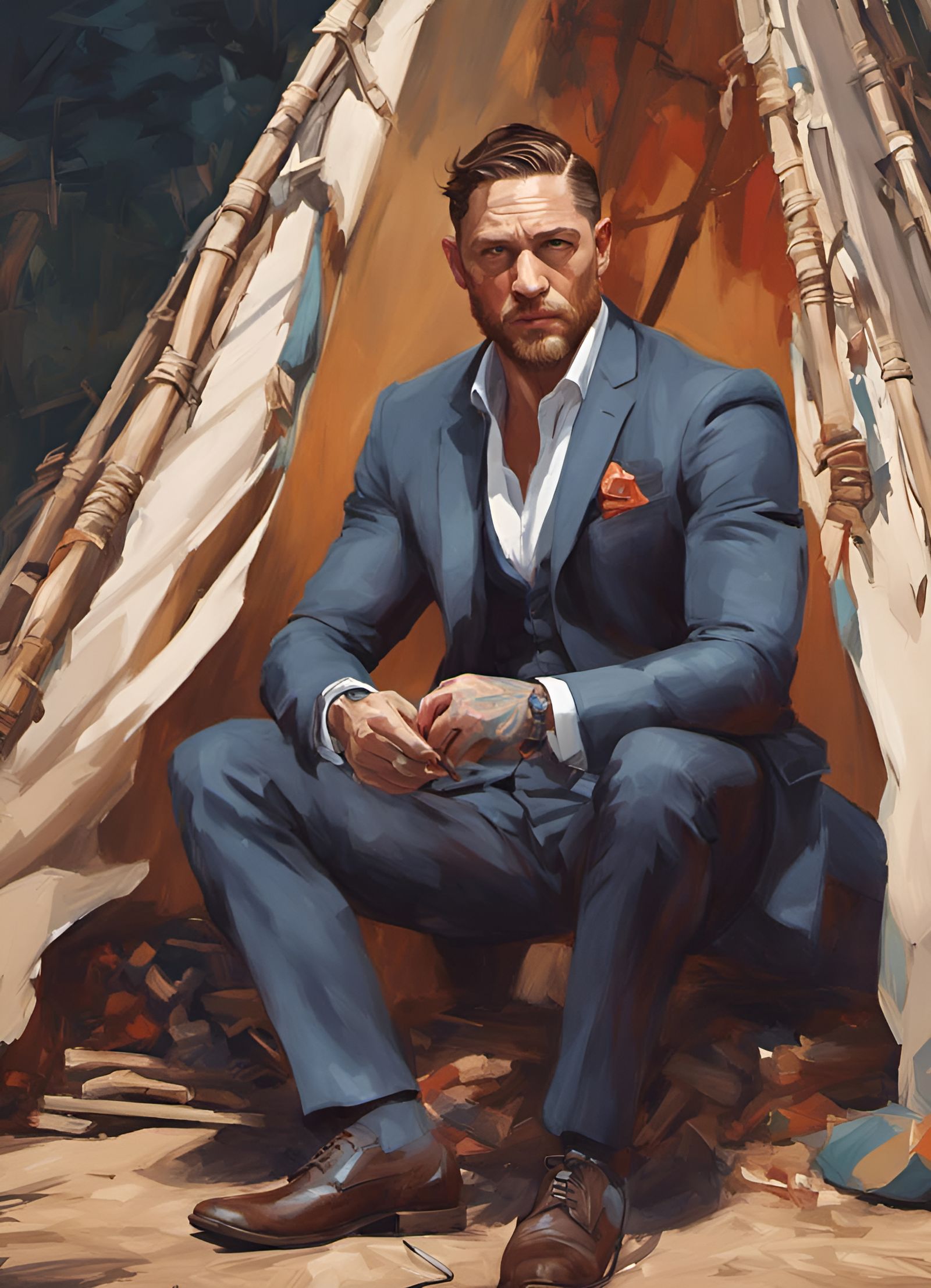 Detailed Portrait of Man Knitting Suit