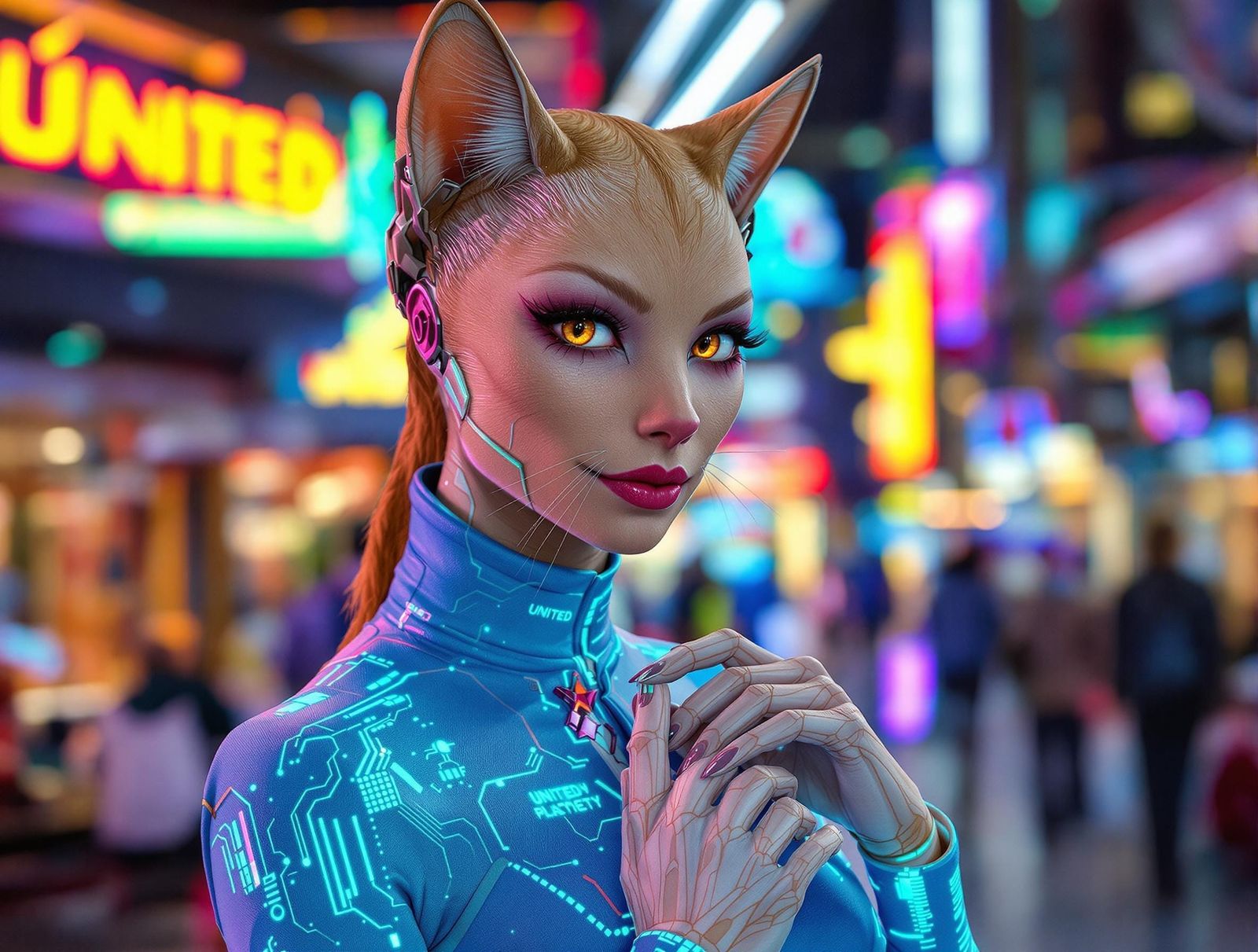 Confident Feline-Human Figure in Vibrant Spaceport