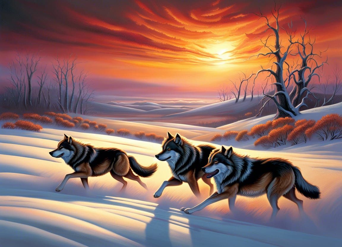 Wolves Running into Sunset: Detailed Matte Painting
