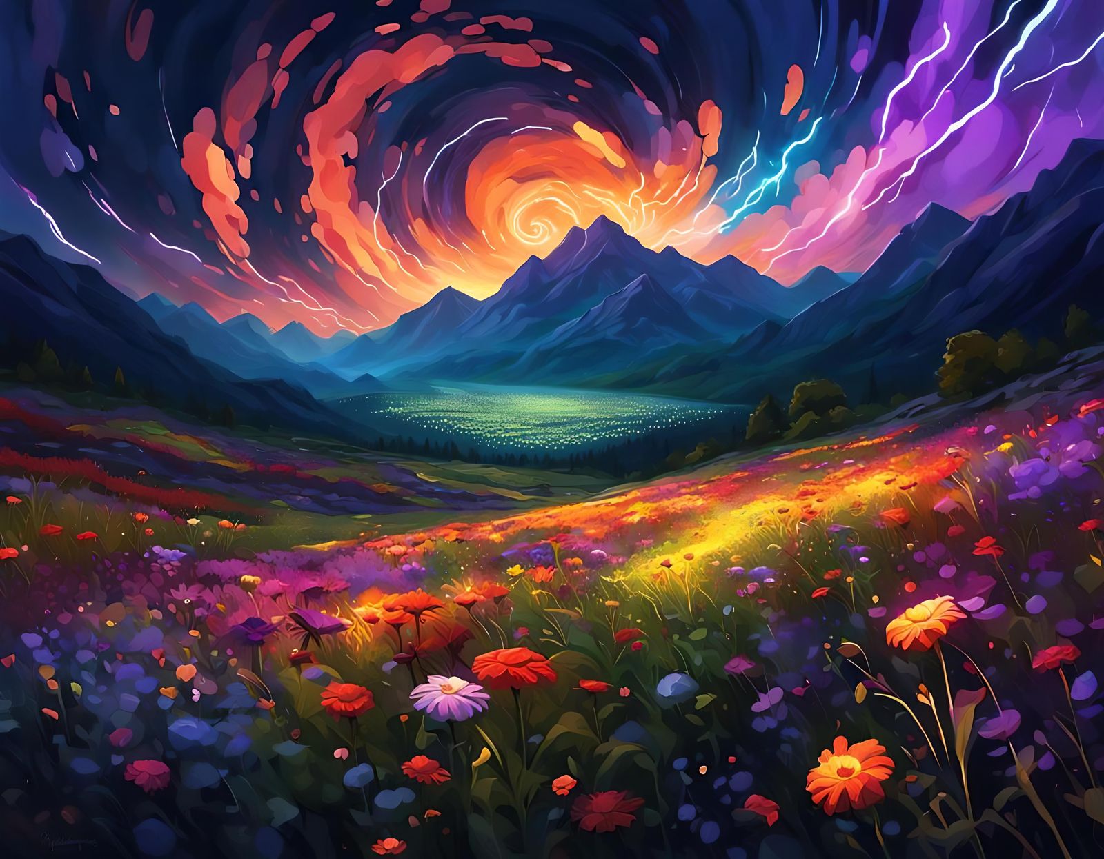 Night Thunderstorm Over Mountain Flower Meadow