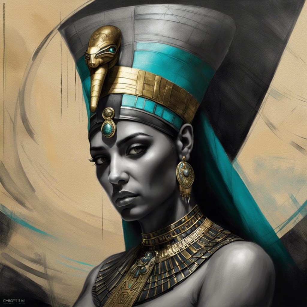 Cleopatra Portrait in Charcoal with Egyptian Jewelry