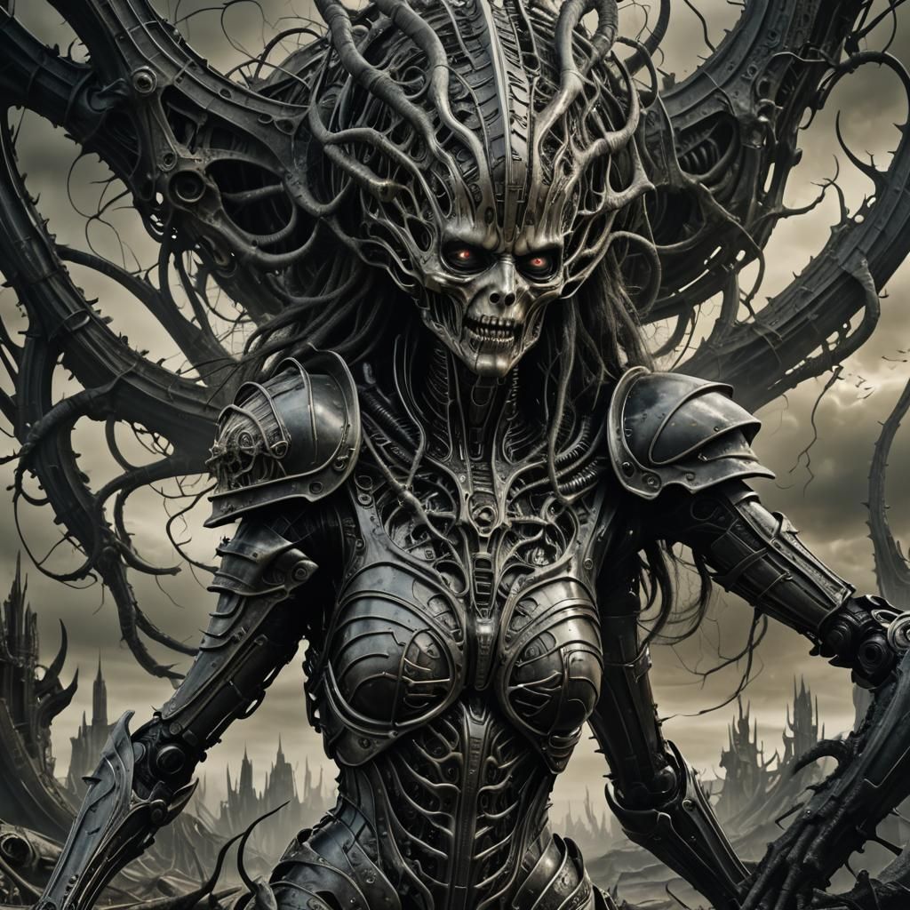 Biomechanical Horror: Dying Woman in Divine Armor