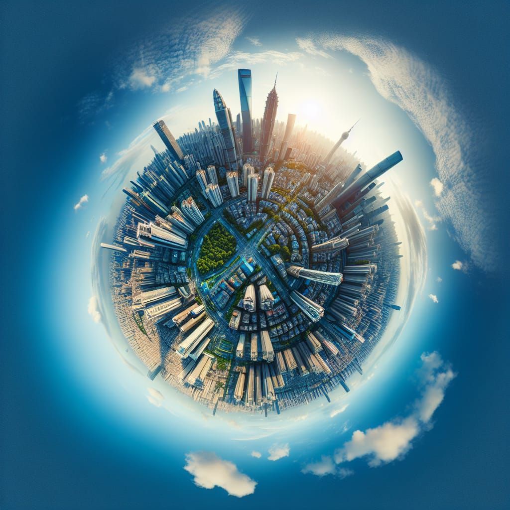 Surreal Cityscape Panorama in Endless Blue Sky