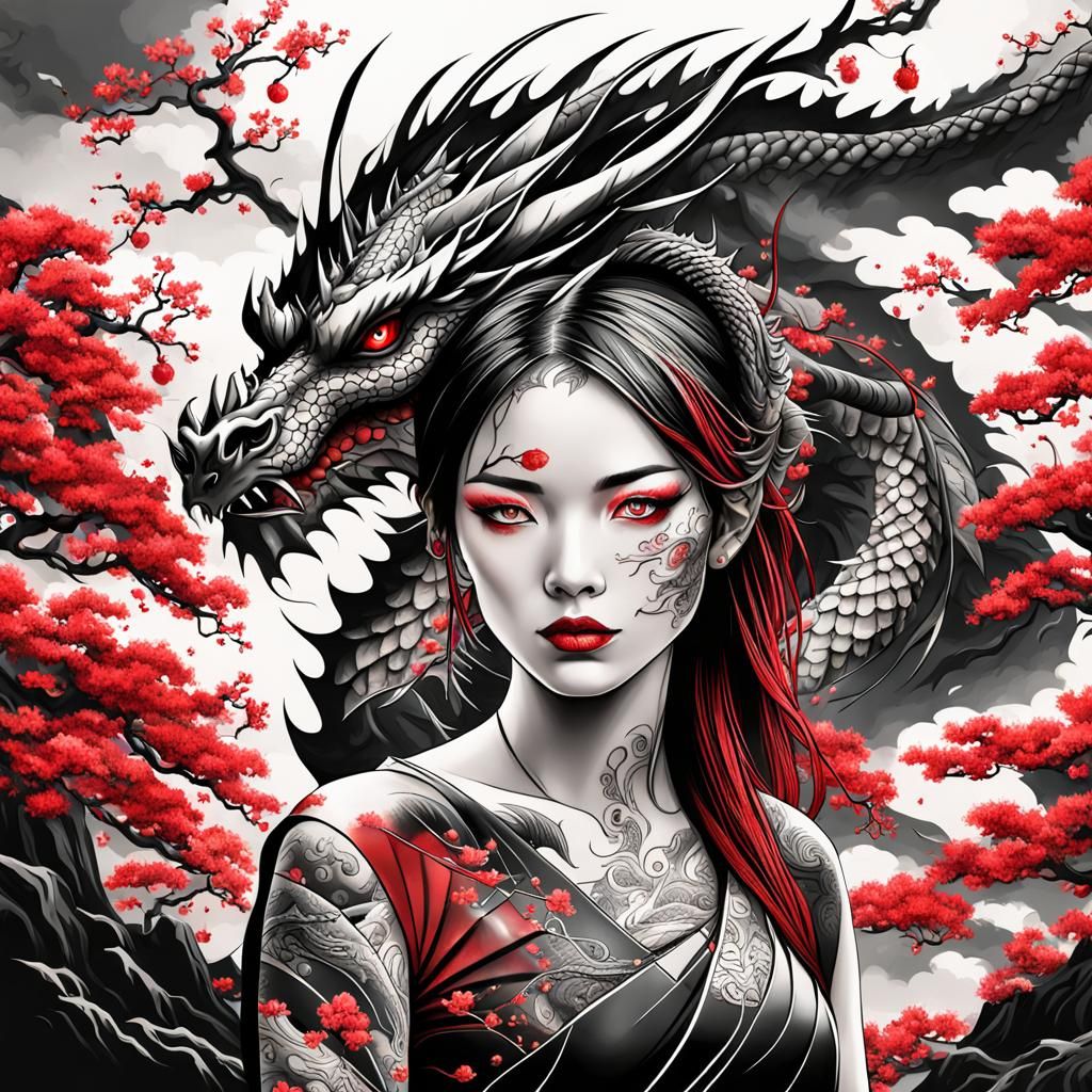 Black grey dragon cherry tree red chest woman tattoo